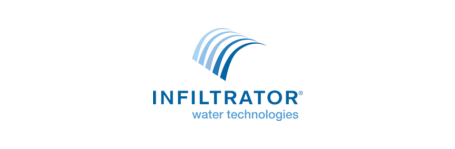 A blue and white logo of infiltrator water technologies
