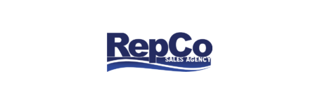 A blue and white logo of repco sales agency